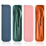 Large Cutlery Set for 4, Wheat Straw Utensil Set with Spoon Knife Fork, Portable Travel Cutlery Set with Case for Adult Kids Camping Picnic Birthday Work (Dark Blue + Dark Green + Pink + Orange)