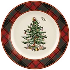 Spode Christmas Tree Tartan Salad Plate, 7.75-Inch, Round, Made of Ceramic, Use to Serve Salad, Dinner, or Dessert, Holiday Dishes, Dishwasher and Microwave Safe