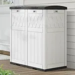 DWVO 66 Gallon Double-Bin Outdoor Trash Can, Waterproof Resin Garbage Can with Tiered Lid and Drip Tray for Patio, Kitchen, Deck, and Backyard, Grayish-White