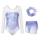 JiAmy Leotards for Girls Gymnastics, Long Sleeve Sparkly Dance Biketards with Shorts Ballet Tumbling Outfit for 6-7 Years Purple Mesh