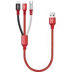 ASICEN Multi Charger Cable 3A [35CM], 3 in 1 Charging Cable Nylon Braided USB Short Cable with iP/Type C/Micro USB for iPhone 15/14/13/12/11/Android Galaxy S20/S10/S9/S8/Pixel/LG/Tablets/Huawei-Red