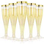 DI QIU REN 100 Pack Plastic Champagne Flutes,4.5 oz Gold Glitter with Rim Champagne Glasses, Disposable Champagne Cups for Wedding Birthday Bridal Shower Party, Mimosa Bar Supplies