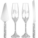 Sratte 4 Pcs Wedding Cake Knife and Champagne Flutes Server Set,Toasting Crystal Rhinestone Champagne Flutes Glasses Cake Knife Pie Server Wedding Gifts for Couple Bride Groom (Silver)