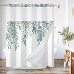 AWERT No Hook Shower Curtain with Snap in Liner Sage Green Plants Shower Curtain and Liner Set Double Layers Waterproof Fabric and See-Through Top Window Bathroom Decorative 71x74inch