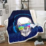 Homewish Boys Headset Skull Bedding Soft Fleece Throw Blanket - Plush Warm Music Skull Blanket Warming Decor Gift,Modern Boys Man Punk Rock Gothic Skull Themed Bed Blankets - Blue White 40X50