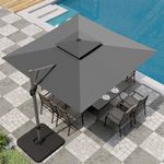 PHI VILLA 10ft Cantilever Patio Umbrella with Base, Outdoor Large Square Umbrellas with 360°Rotation, Heavy Duty Hydraulic Double Umbrella Windproof for Outside, Deck, Garden, Porch, Grey