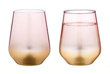 Set of 2 Gold and Pink Spray Stemless Wine Glasses 425ml - Low Ball Glass Tumblers - Premium Drinking Glasses for Indoor or Outdoor Dining, Picnics and Dinner Parties - Premium Glassware