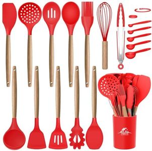 MIBOTE Silicone Cooking Utensils Kitchen Utensil Set - 446°F Heat Resistant,Turner Tongs, Spatula, Spoon, Whisk, Wooden Handle Kitchen Gadgets with Holder for Nonstick Cookware Christmas (Red)