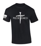 Redeemed Cross Nails Mens Christian American Flag Sleeve T-Shirt Graphic Tee, Black, Large