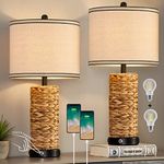 Set of 2 Rustic Touch Table Lamp for Bedroom 3 Way Dimmable Modern Farmhouse Nightstand Lamps Coastal Sea Grass Bedside Lamps Rattan Table Lamp for Bedtime Reading, Unwinding Before Bed, Watching TV