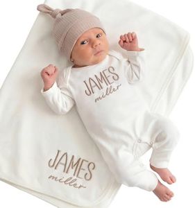 Linkababy Personalized Baby Boy Coming Home Outfit, 100% Cotton Embroidered Name Romper Hat & Blanket Set, Newborn Coming Home Outfit, Custom Baby Showers Gift, 0-3 Months Newborn Boy Outfits, Caramel