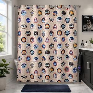 DRIFTED ROOT NASA Licensed No Hook Shower Curtain Set, Vintage Mission Patch Design, Space Poster Art, Oxford Cloth, Bathroom Hotel Decor (Mission Patch Mosaic-Beige, 72" W x 74" L (Pack of 1))