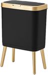 Procade Office Trash Can with Lid, Black Bathroom Trash Can with Gold Edge, Modern Narrow Garbage Can with Legs, Slim Plastic Trash Bin for Bedroom, Living Room,Kitchen,Toilet, 4 Gallon