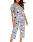 ENJOYNIGHT Womens Pajama Set Cotton Capri Pant Pyjama Short Sleeve Sleepwear Summer Pjs(Large,Owl)