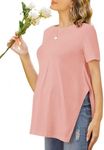 Ekouaer Maternity Shirts Short Sleeve Pregnancy Tops T Shirt Split Side Casual Crewneck Pregnant Tunic Tee Blouses Clothes Pink Medium