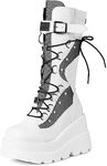Tscoyuki Womens Goth Platform Boots Chunky Wedge Heel Rave Combat Boots Lace Up and Zipper Round Toe Mid Calf Boot for Concert Festival, White, 8