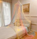 Rainbow Mosquito Net Bed Canopy, Rainbow Bed Cover with 100 LED String Lights, Oversized Hanging Queen Bed Cover Bed Curtain Net for Infants, Kids, Girls or Adults, Double Bed