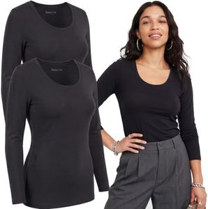 Emmalise Women's Junior and Plus Size Basic Scoop Neck Tshirt Long Sleeve Tee, 1xl, 2Pk Black, Black