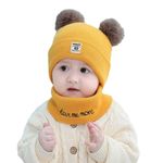 BRATS N BEAUTY® - Logo Cute Lovely Beanie Cap/Newborn Baby Kids Girls Boys Winter Warm Knit Hat Scarf Set/Funny Double Balls Pompom Solid Color Gifts Cap - Yellow