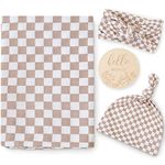 LifeTree Newborn Swaddle Set with Matching Hat and Headband Bow, Wooden Birth Announcement Card, Muslin Baby Swaddle Blankets for Boys & Girls, Coffee Checkerboard Pattern