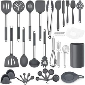LIANYU 43 Pcs Kitchen Cooking Utensils Set, Silicone Cooking Utensils Spatula Set with Holder, Heat Resistant Kitchen Gadgets Tools for Nonstick Cookware Set, Stainless Steel Handle, Grey