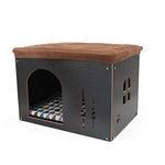 Cat Pet Bed House- Footstool Style Cat Cave Puppy Kennel, Foldable Pet House with Free Pet Cushion for Small Dogs Cats Rabbits Creative Wood Sitting Stool for Living Room Bedroom, Black XL