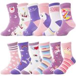 Baby Girls Toddlers Socks Grips Anti Slip Non Skid Fun Unicorn Crew Cotton Socks with Grippers 12 Pairs Gifts Stocking Stuffers for Kids Girls (Purple White Unicorn,3-5 Y)