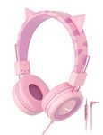 SIMJAR Cat Ear Kids Headphones with Microphone for School, Volume Limiter 85/94dB, Wired Girls Headphones with Foldable Design for Online Learning/Travel/Tablet/iPad (Pink)