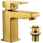 HPWVKVDB Gold Basin Taps Mixers Bathroom Sink Taps with Pop Up Waste, Square Bathroom Taps Monoblock Single Lever Bathroom Mixer Tap with Basin Drain for Bathroom, Washroom, Cloakroom, Brushed Gold