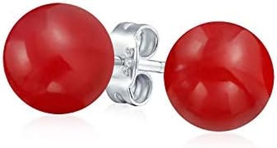 Simple Dyed Red Natural Coral Ball Round Stud Earrings For Women .925 Sterling Silver 10MM