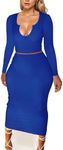 Cnlinkco Sexy Two Piece Sets for Women Night Out Long Sleeve Maxi Dress V Neck Ribbed Bodycon Skirt Sets Long Sleeve Crop Tops Club Outfits Blue S