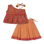 superminis Baby Girls Cotton Jaipuri Print One Side Off Shoulder Top/Kurti and Printed Lehnga/Skirt with Dori Closure Dress (Orange, 6-12 Months)