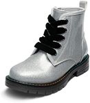 DREAM PAIRS Girls Boys Glitter Ankle Boots Side Zipper Combat Shoes with Lace Up SDBO2220K Size 6 Silver/PU