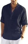 COOFANDY Men's Cotton Linen Henley T-Shirts Long Sleeve Hippie Casual Beach T-Shirts Navy Blue