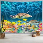 Sea Turtle Tapestry, Ocean Under Water World Tropical Fish Coral Reef Coastal Tapestries, Funny Blue Kids Tapestry Wall Hanging, Marine Life Tapestry for Bedroom Living Room Dorm College, 60X40IN