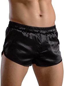 Akkad Kuti Mens Satin Silk Boxers 3 Inch Inseam Lounge Shorts Men Sexy Panties Pajama Bottoms Shorts with Elastic Waist, Black, Small