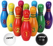 TOWO Wooden Skittles for Children - Wooden Skittle Set with Facial Emotions and Numbers - 10 Pin Bowling Set for Kids Indoor and Garden toys - Wooden Toys for 2 years old Toddler