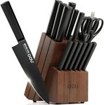 OOU Kitchen Knife Block Set - 15 Pieces High Carbon Stainless Steel Chef Knife Sets, Anti-Rust Black Knives Set with Built-in Sharpener Block, Walnut