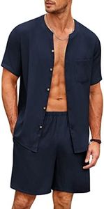 Ekouaer Pijama Hombre con Camiseta Manga Corta y Pantalón Verano Conjunto de Pijama de algodón para Hombre Cintura elástica y cordón, Azul Marino, XL