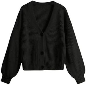 SweatyRocks Girl's Long Sleeve Drop Shoulder V Neck Button Front Ribbed Knit Cardigan Sweaters Solid Black 8Y
