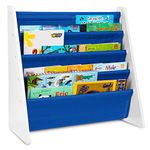 Fineway. 4 Tier Kids Book Storage Rack Wooden Sling Bookshelf Childrens Bookcase Shelves (Blue)