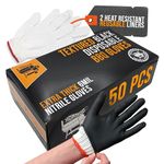 HDMNDD Black Disposable BBQ Gloves Kit with 50 Heavy Duty Textured Fingertip Grips and 2 heat resistant, washable, reusable Glove Liners for Grill BBQ Cooking Gloves, Meat Gloves for Pulling Meat