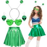 Alien Costume Accessories Set, Alien Fancy Dress Kit with Metallic Skirt, Antenna Headband, Alien Earrings, Heart Glasses Alien Cosplay Outfit for Adults Girls Halloween Cosplay Dress up Party