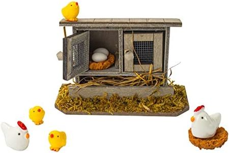 Hiawbon Miniature Retro Wooden Chicken Coop Mini Family Chicken,Hen,Chick,Egg,Chicken Nest Ornament Micro Landscape Fairy Garden Decor