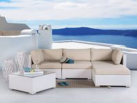 ROXXFLY Outdoor 4 Seater Sofa Set | Balcony Sofa | Indoor Sofa | Patio Furniture Sets | Wicker Rattan Garden 3+1 Sofa Set with Cushion and Center Table with Glass Top (White)