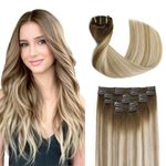 Sindra Clip in Hair Extensions Human Hair 18 Inch 120g 6 Pieces Balayage Walnut Brown to Ash Brown and Bleach Blonde Real Clip in Hair Extensions for Fashion Women #3/8/22,18"