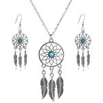 lauhonmin 3pcs Women Retro Silver Turquoise Feather Dream Catcher Pendant Necklace Earrings Set Family Friend Gifts, 0.98 inches, Metal