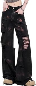 kakarin choyx Fashion Harajuku High Waisted Straight Leg Denim Pants Y2K Vintage Ripped Fringe Tie-Dye Streetwear Jeans M Black