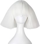 iCos Short Kinky Straight Hair Wig for Women White Fluffy Bob Wig with Bangs Punk Halloween Cosplay Costume Wig