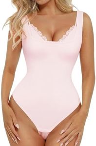 Popilush Pink Bodysuit for Women Lace Bodysuit Modal Soft Tummy Control V Neck Sleeveless Backless Cute Summer Tops for Women